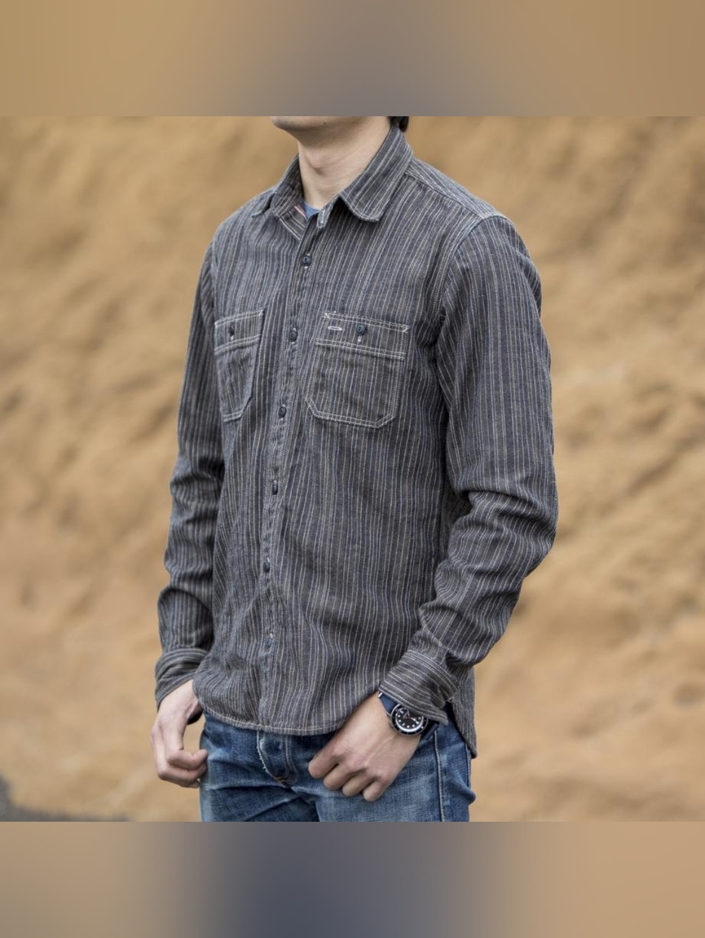 Gustin #8 Japan Wabisabi Workshirt, Brown/Gray & White Striped (SIZE LARGE SLIM) - Picture 2 of 15